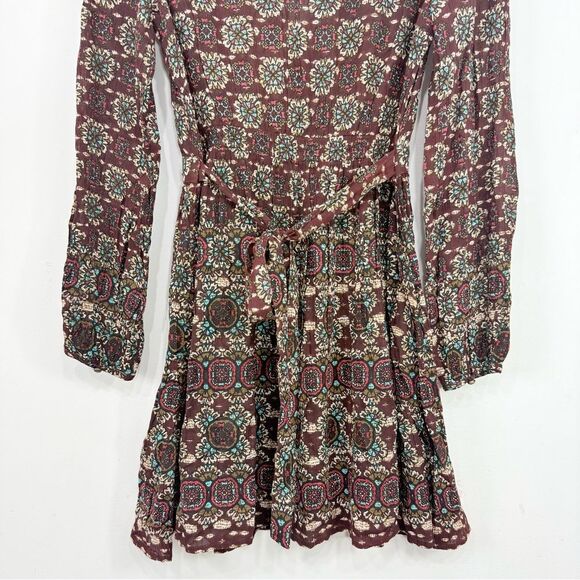 Patrons of Peace Brown Burgundy Medallion Floral Autumn Boho Mini Wrap Dress NEW - Picture 8 of 16